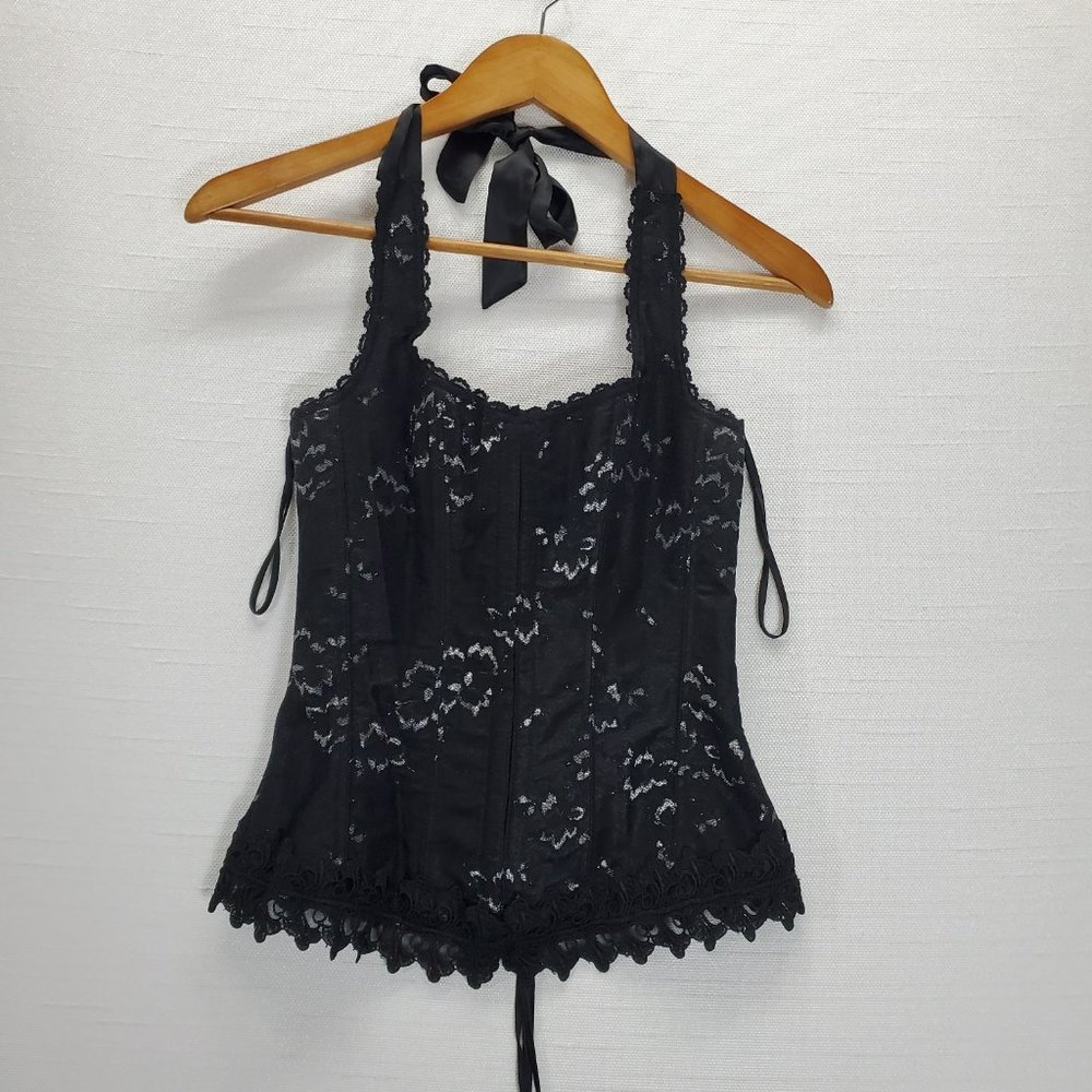 Frederick’s of Hollywood Black/Silver Shimmer Lace Up Corset 34 Bustier Halter - Picture 1 of 10